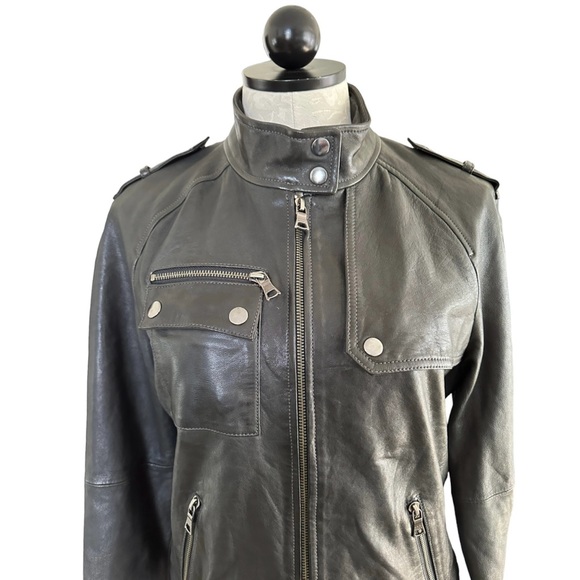 Banana Republic Leather Jacket Black Zip Front & Pockets Gun Flap Moto  Size M - Picture 2 of 15